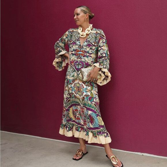 ZARA BLOGGER FAVORITE PRINTED MIDI DRESS MULTICOLORED - Picture 4 of 13